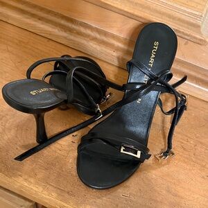 Stuart Weitzman Black Strappy Mid-Kitten Heel Sandals